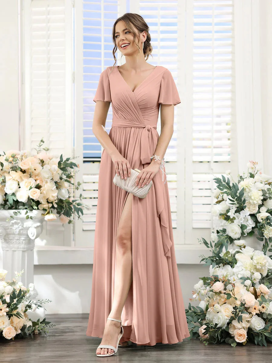 A-Line/Princess V-Neck Short Sleeves Floor-Length Chiffon Bridesmaid Dresses with Split Side & Ruched - Image 8