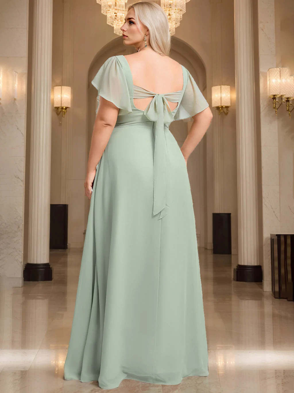 A-Line/Princess V-Neck Short Sleeves Floor-Length Chiffon Plus Size Bridesmaid Dresses - Image 2