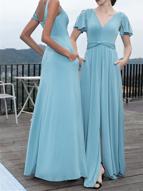 A-Line/Princess V-Neck Short Sleeves Floor-Length Chiffon Wedding Guest Dresses - Image 3