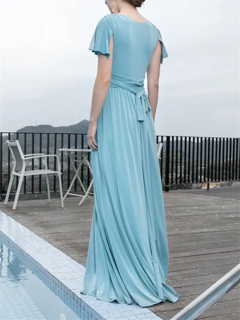 A-Line/Princess V-Neck Short Sleeves Floor-Length Chiffon Wedding Guest Dresses - Image 4