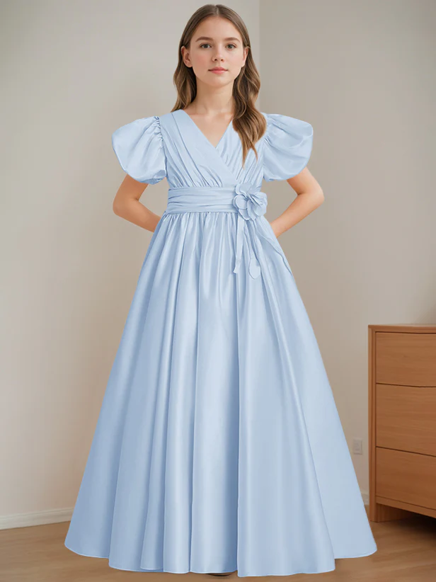A-Line/Princess V-Neck Short Sleeves Floor-Length Flower Girl Dress with 3D Flowers - Image 23