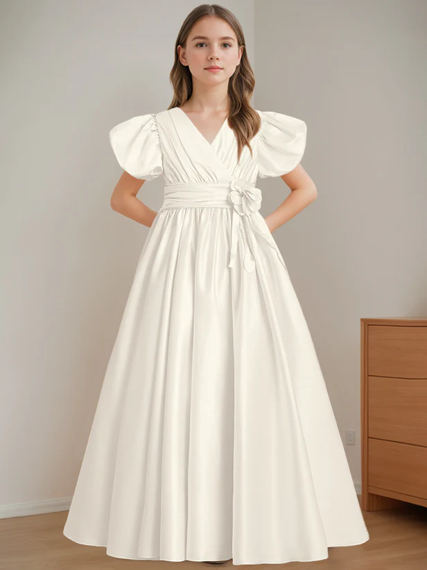 A-Line/Princess V-Neck Short Sleeves Floor-Length Flower Girl Dress with 3D Flowers - Image 4