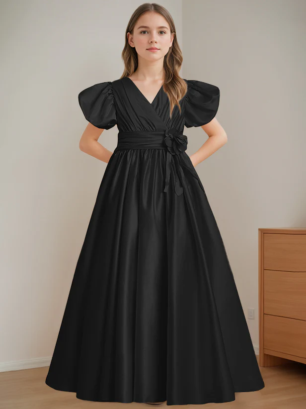 A-Line/Princess V-Neck Short Sleeves Floor-Length Flower Girl Dress with 3D Flowers - Image 9