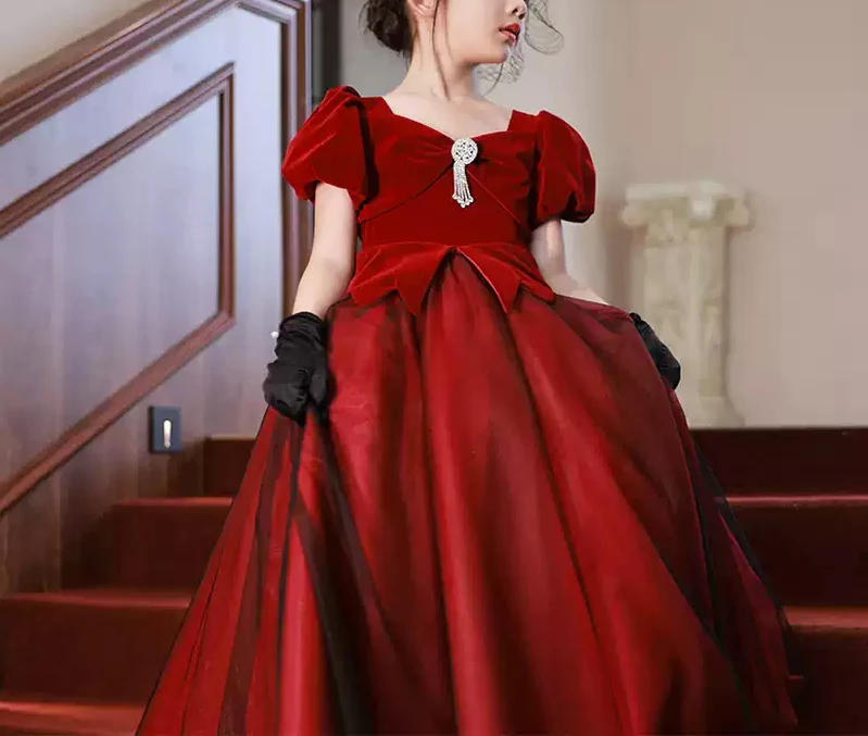 A-Line/Princess V-Neck Short Sleeves Floor Length Girl Party Dress with Crystals - Image 3