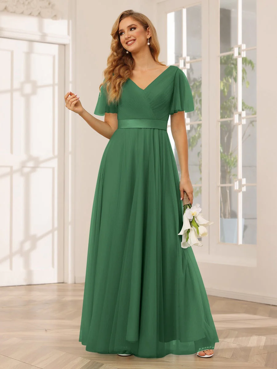A-Line/Princess V-Neck Short Sleeves Floor-Length Long Bridesmaid Dresses with Lace - Image 12