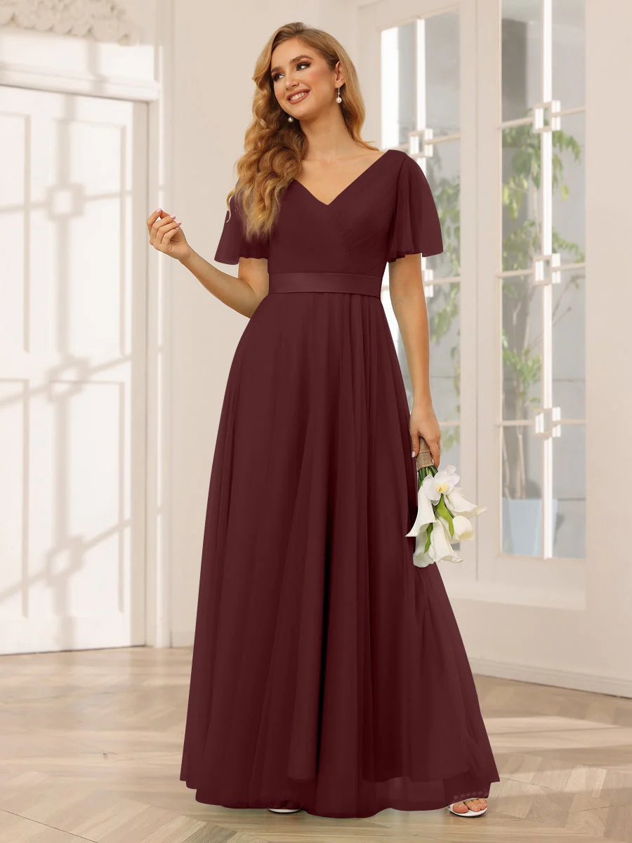 A-Line/Princess V-Neck Short Sleeves Floor-Length Long Bridesmaid Dresses with Lace - Image 13