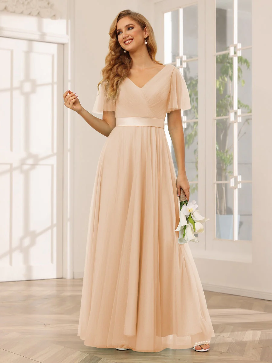 A-Line/Princess V-Neck Short Sleeves Floor-Length Long Bridesmaid Dresses with Lace - Image 30
