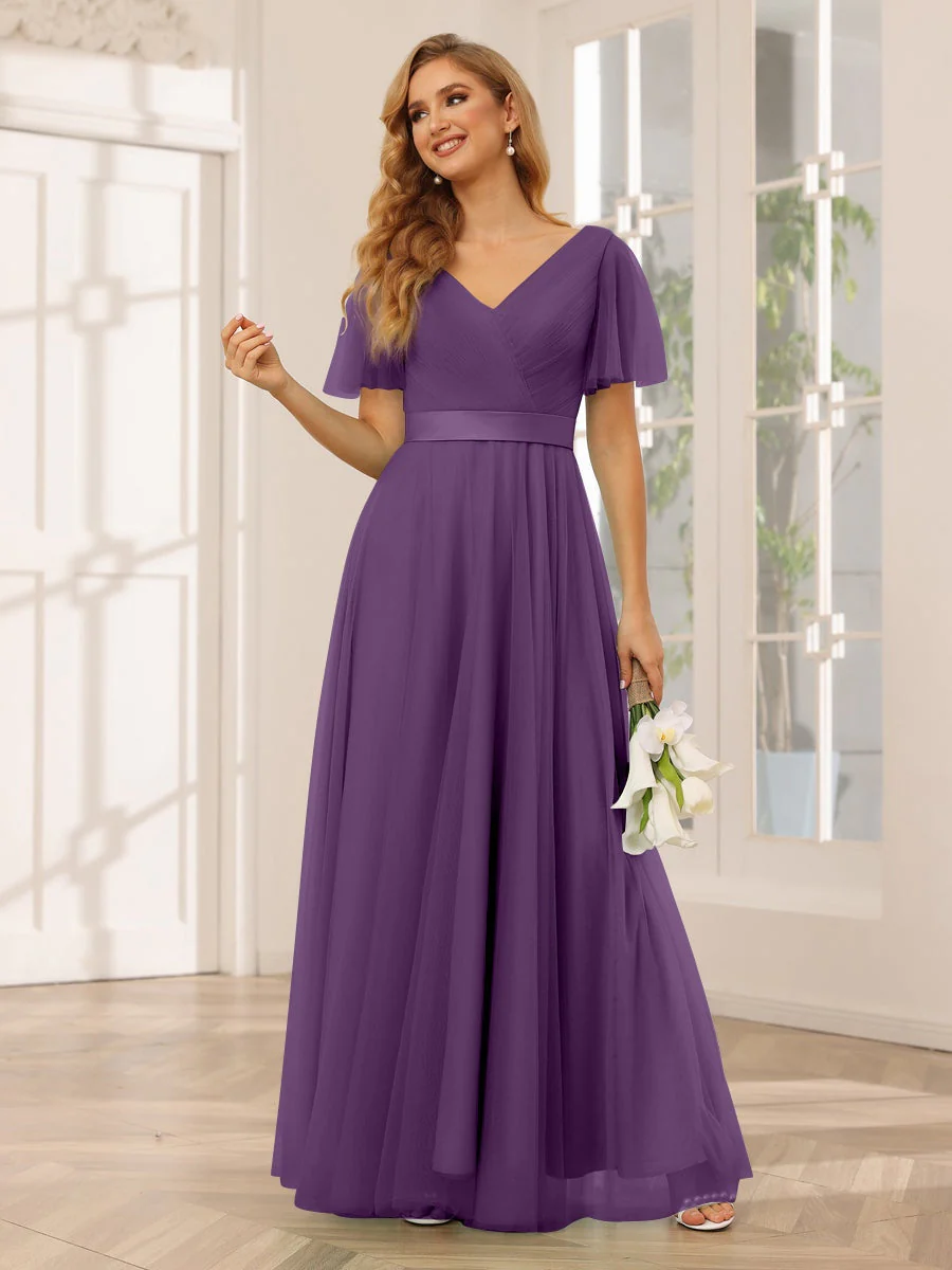 A-Line/Princess V-Neck Short Sleeves Floor-Length Long Bridesmaid Dresses with Lace - Image 47