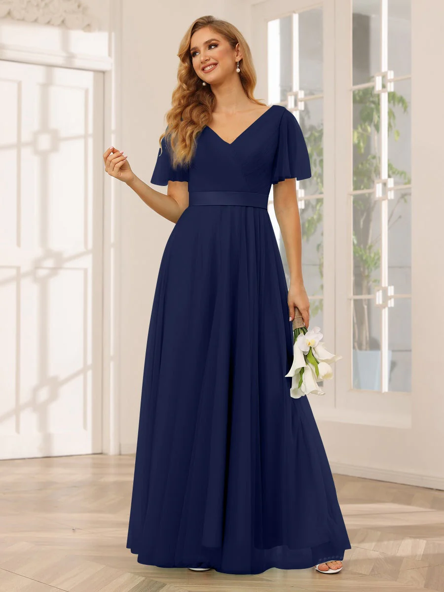 A-Line/Princess V-Neck Short Sleeves Floor-Length Long Bridesmaid Dresses with Lace - Image 60