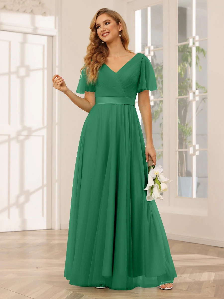 A-Line/Princess V-Neck Short Sleeves Floor-Length Long Bridesmaid Dresses with Lace - Image 65
