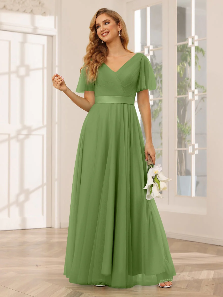 A-Line/Princess V-Neck Short Sleeves Floor-Length Long Bridesmaid Dresses with Lace - Image 66