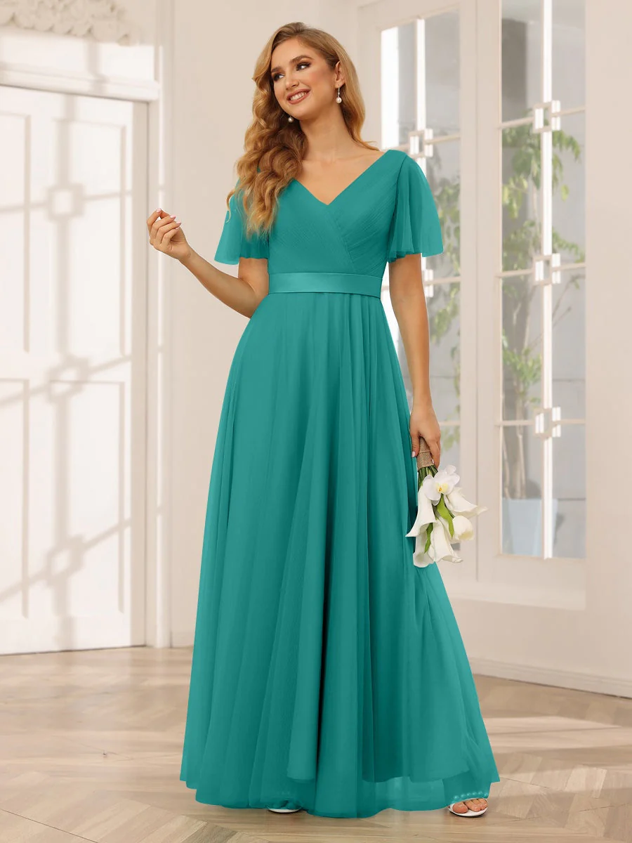 A-Line/Princess V-Neck Short Sleeves Floor-Length Long Bridesmaid Dresses with Lace - Image 67