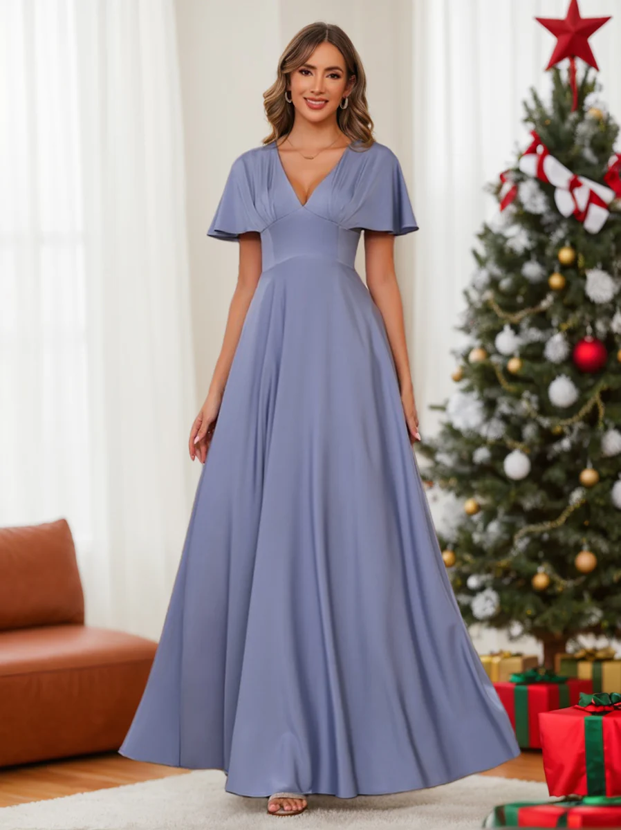 A-Line/Princess V-Neck Short Sleeves Floor-Length Mother of the Bride long Dresses with Ruffles - Image 11