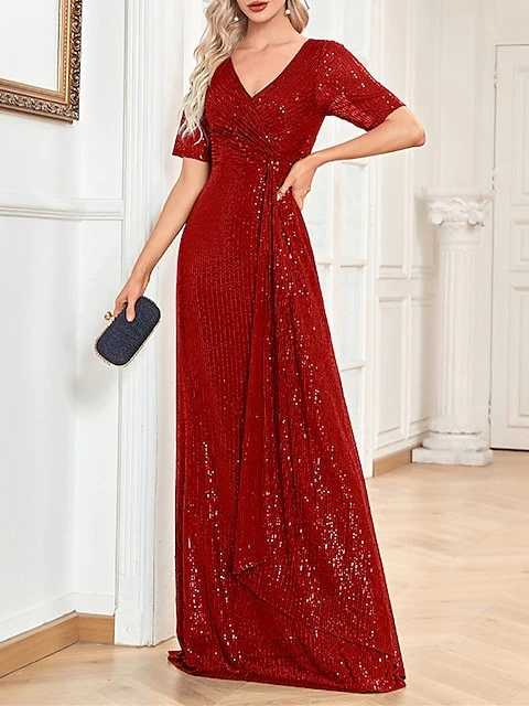 A-Line/Princess V-Neck Short Sleeves Floor-Length Party Cocktail Dress with Sequin - Image 11
