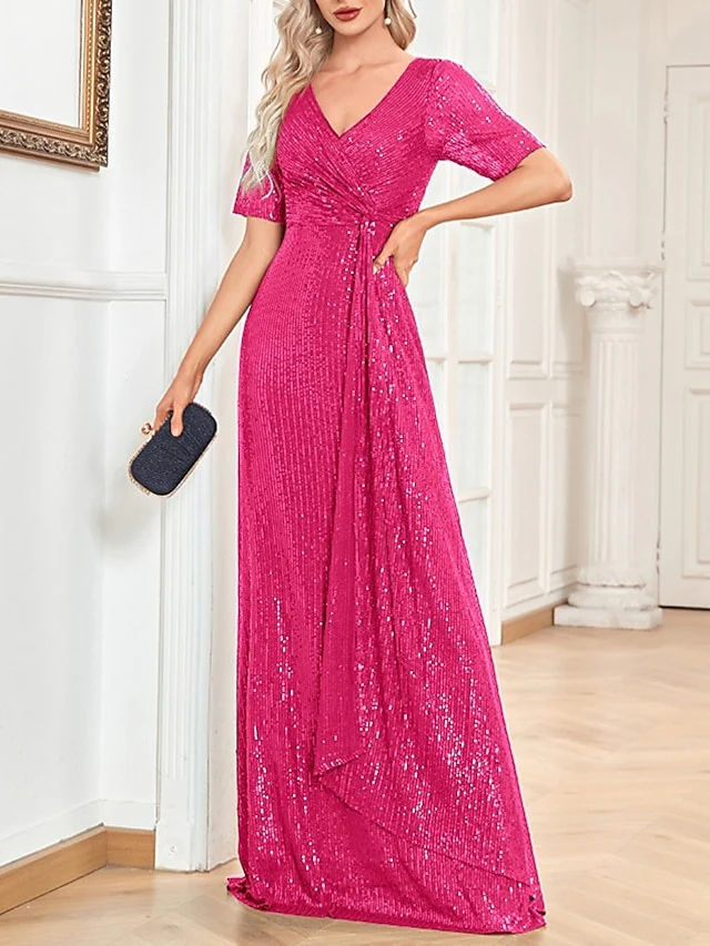 A-Line/Princess V-Neck Short Sleeves Floor-Length Party Cocktail Dress with Sequin - Image 7
