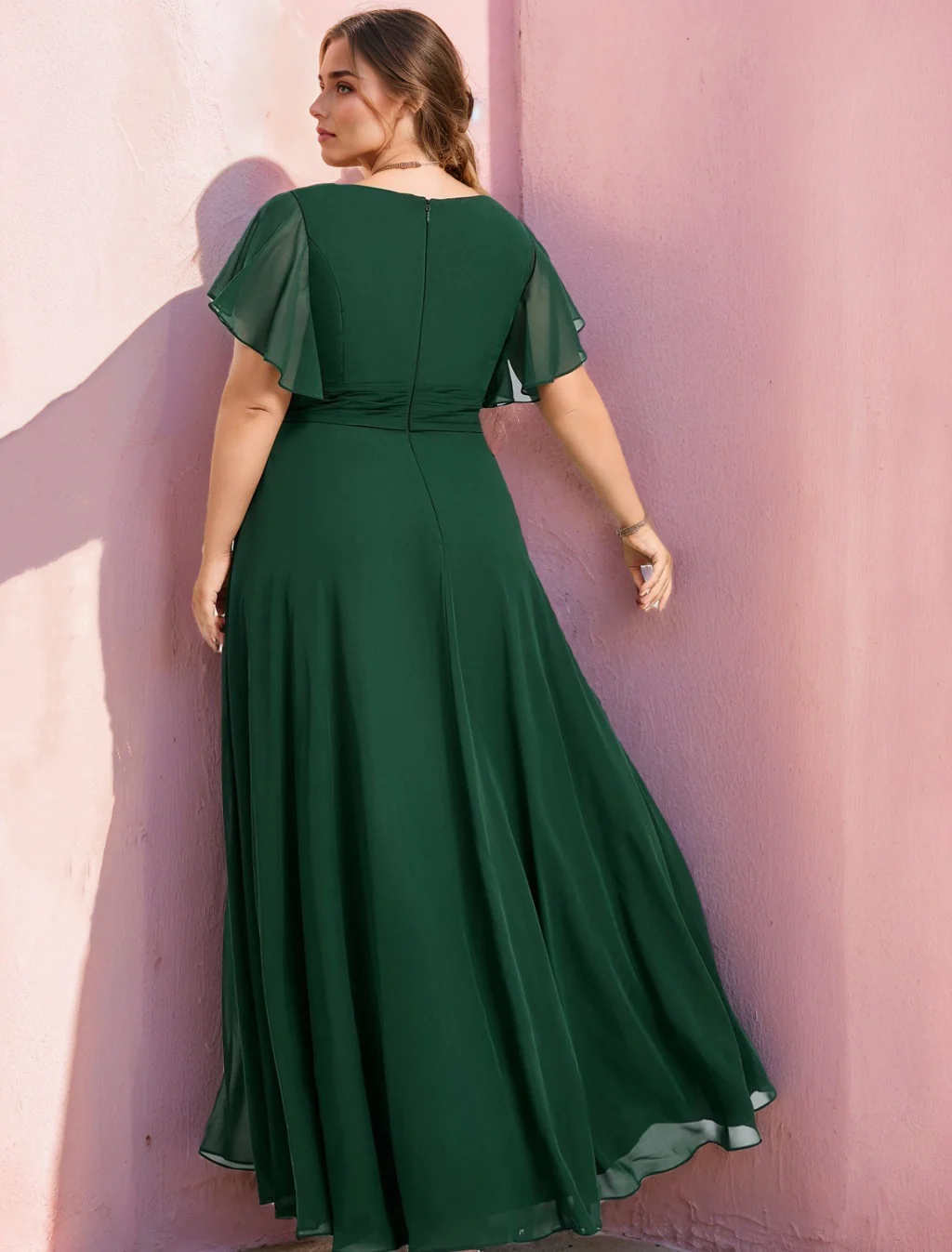 A-Line/Princess V-Neck Short Sleeves Floor-Length Plus Size Chiffon Bridesmaid Dresses With Split Side - Image 2
