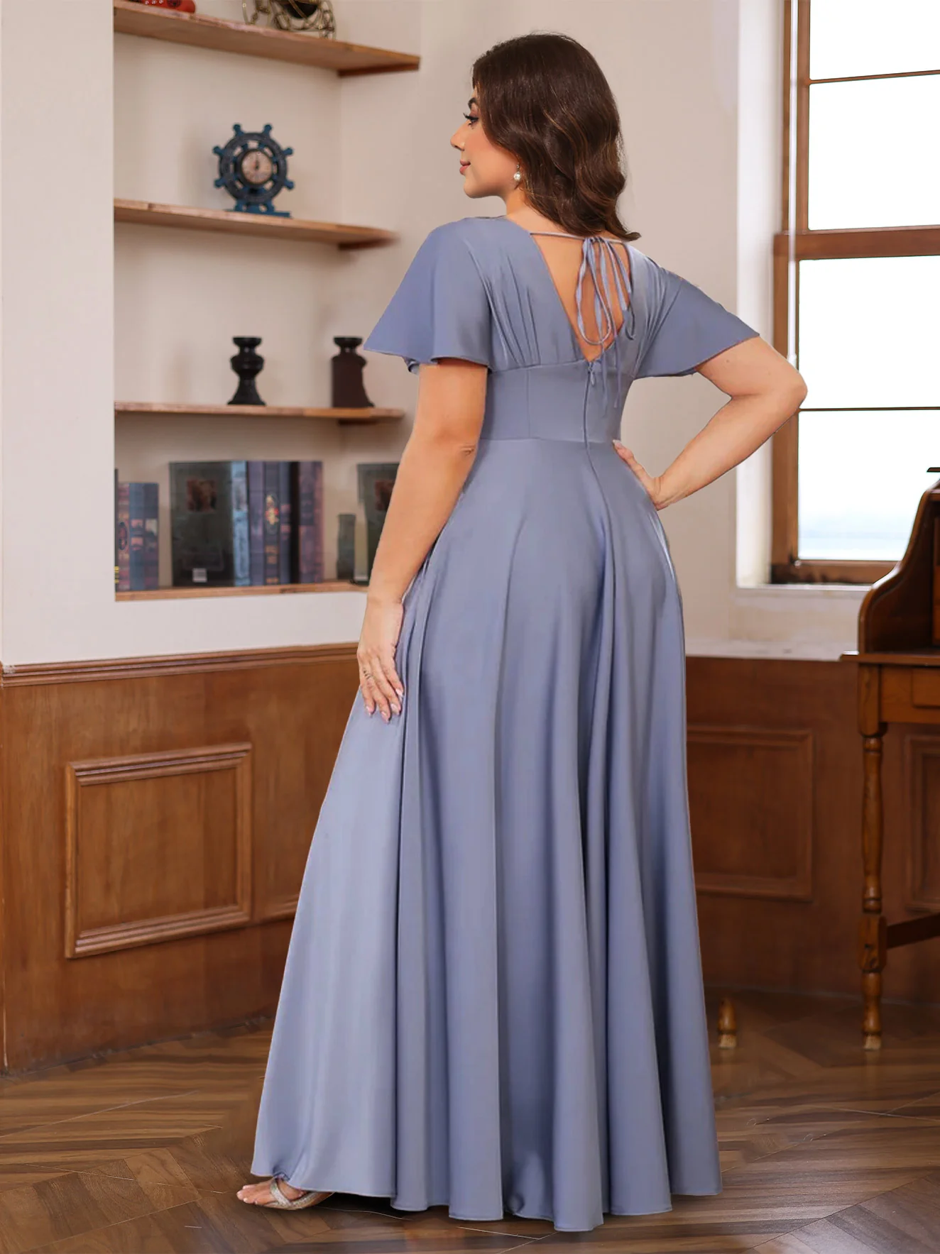 A-Line/Princess V-Neck Short Sleeves Floor-Length Mother of the Bride long Dresses with Ruffles - Image 4