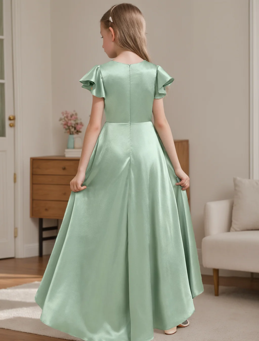 A-Line/Princess V-Neck Short Sleeves High Low Junior Bridesmaid Dresses With Pleated - Image 2