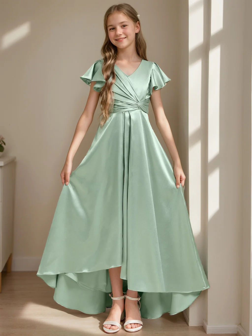 A-Line/Princess V-Neck Short Sleeves High Low Junior Bridesmaid Dresses With Pleated - Image 3
