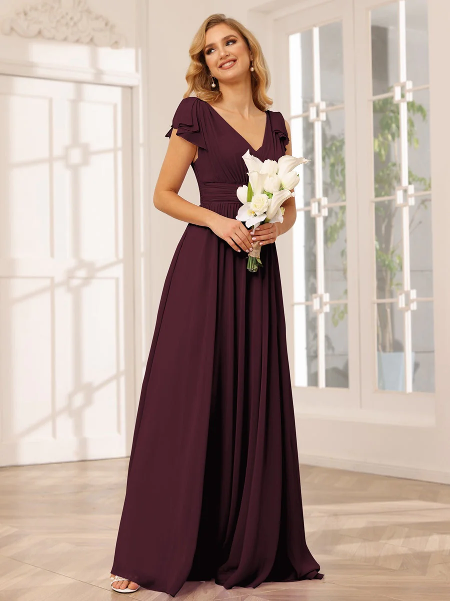 A-Line/Princess V-Neck Short Sleeves Long Bridesmaid Dresses with Ruffles - Image 13