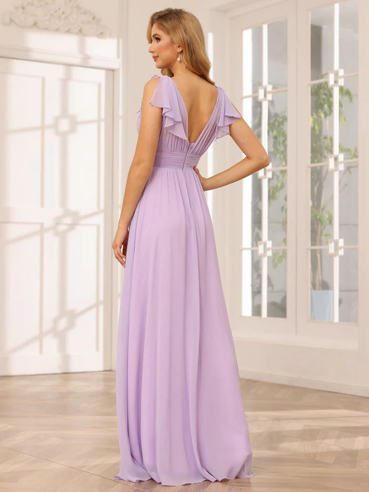 A-Line/Princess V-Neck Short Sleeves Long Bridesmaid Dresses with Ruffles - Image 2