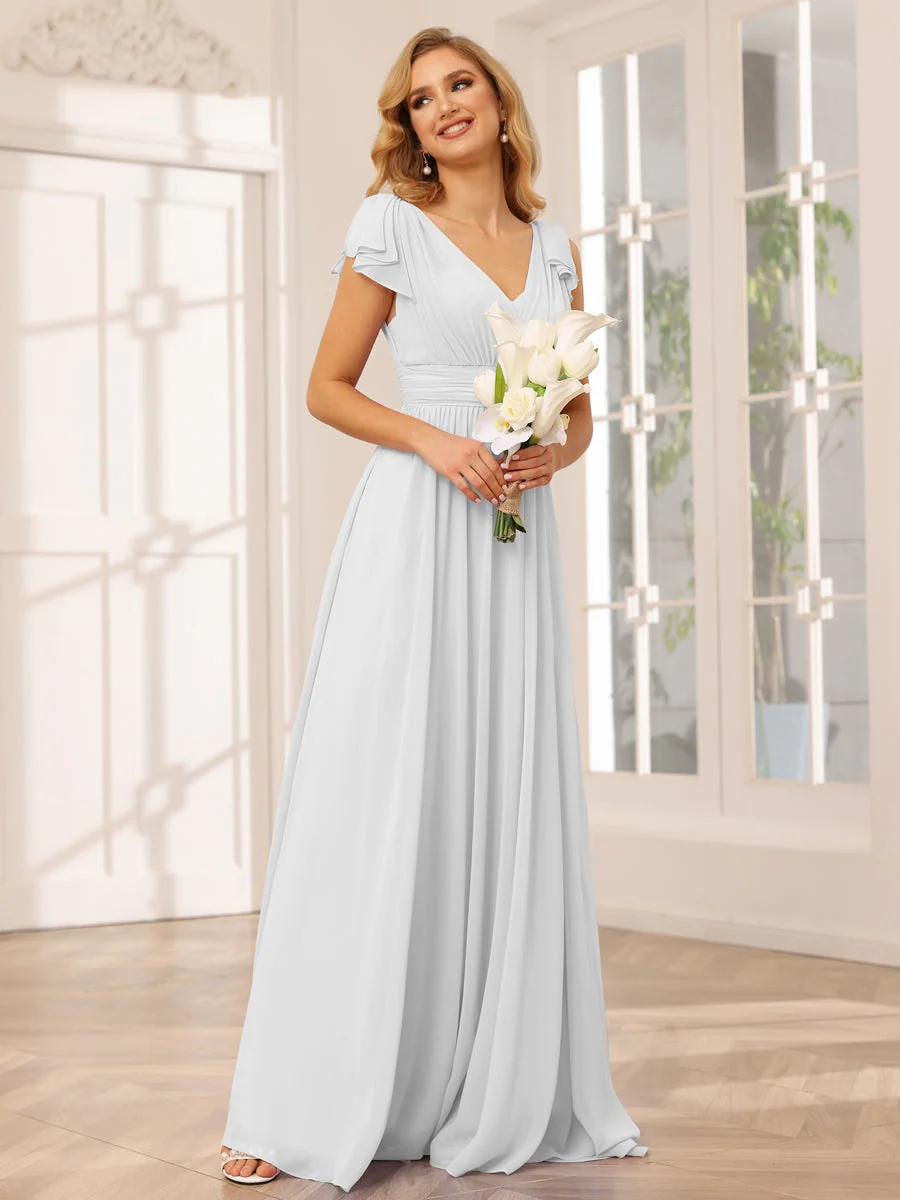 A-Line/Princess V-Neck Short Sleeves Long Bridesmaid Dresses with Ruffles - Image 20