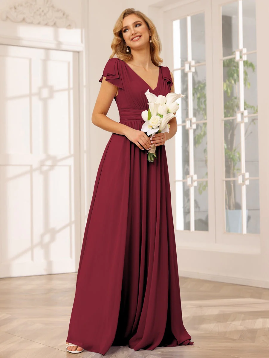 A-Line/Princess V-Neck Short Sleeves Long Bridesmaid Dresses with Ruffles - Image 37