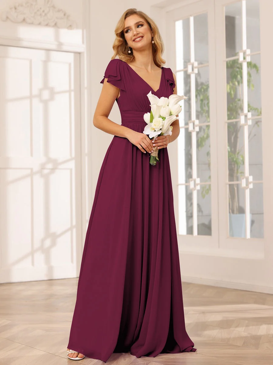 A-Line/Princess V-Neck Short Sleeves Long Bridesmaid Dresses with Ruffles - Image 38