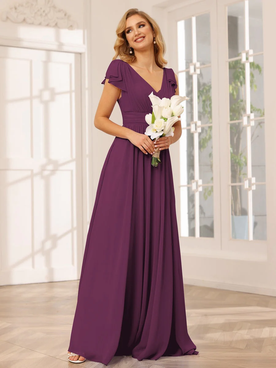 A-Line/Princess V-Neck Short Sleeves Long Bridesmaid Dresses with Ruffles - Image 44