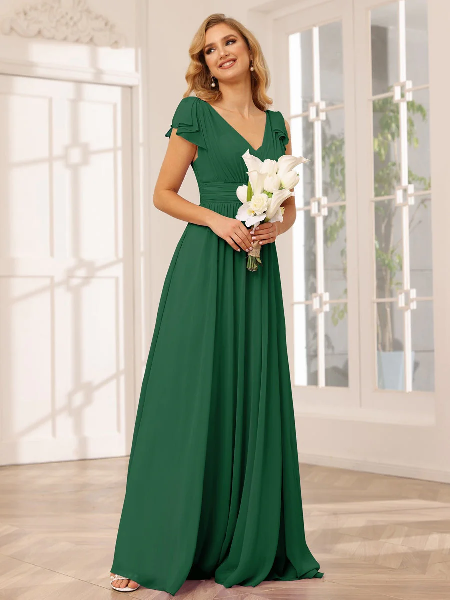 A-Line/Princess V-Neck Short Sleeves Long Bridesmaid Dresses with Ruffles - Image 67