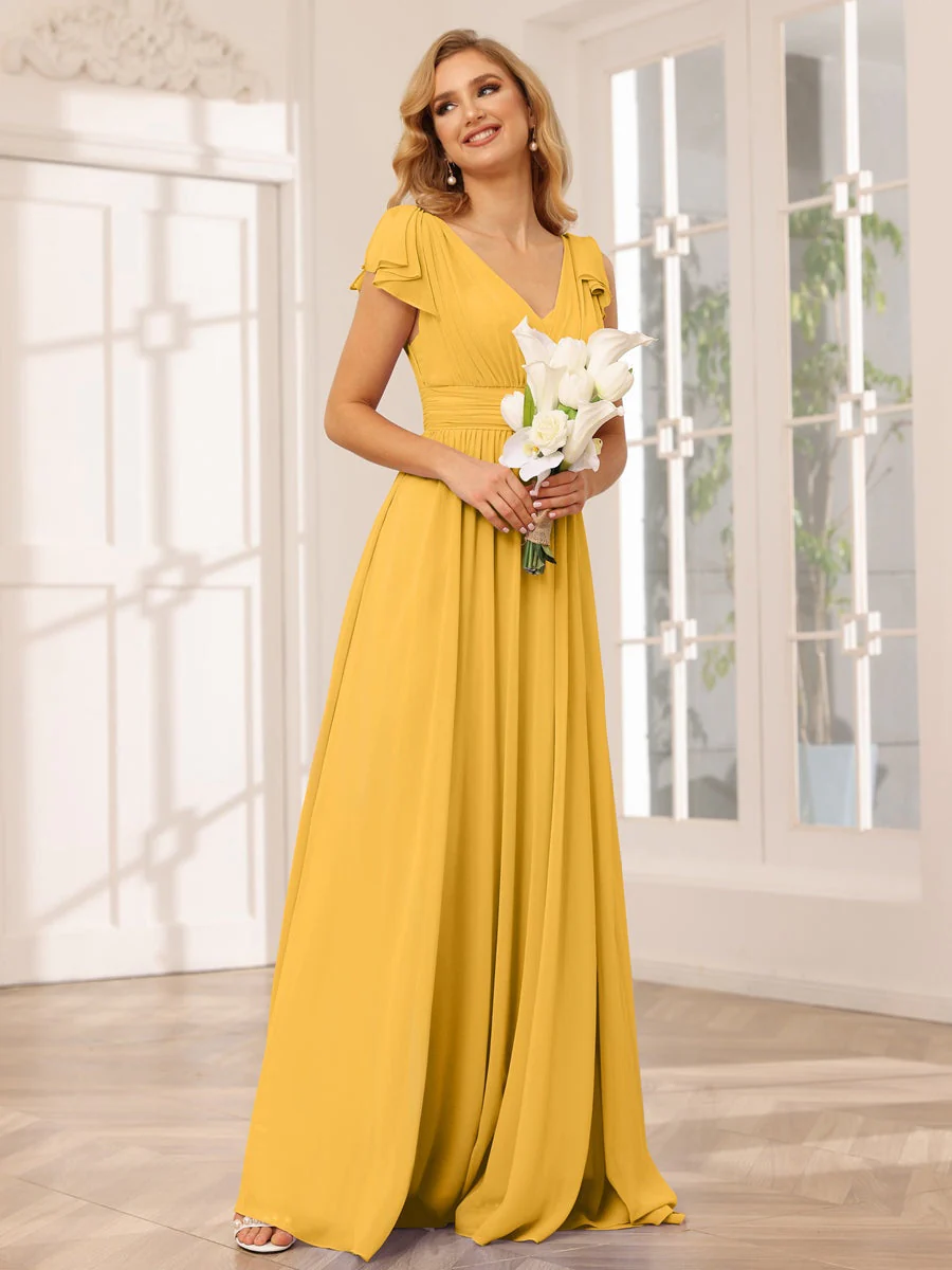 A-Line/Princess V-Neck Short Sleeves Long Bridesmaid Dresses with Ruffles - Image 70