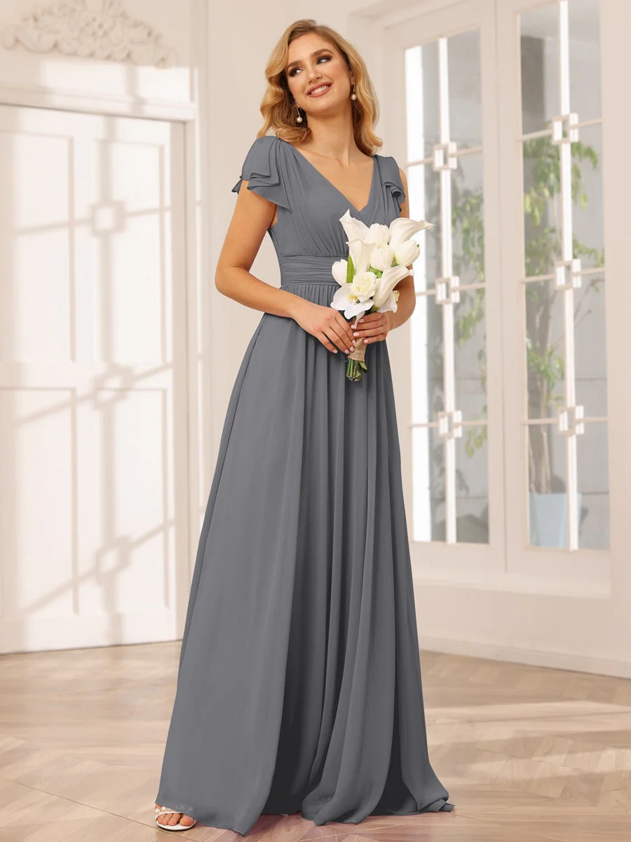 A-Line/Princess V-Neck Short Sleeves Long Bridesmaid Dresses with Ruffles - Image 75