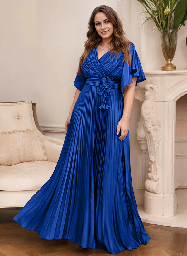 A-Line/Princess V-Neck Short Sleeves Mother of the Bride Dresses with Belt - Image 32