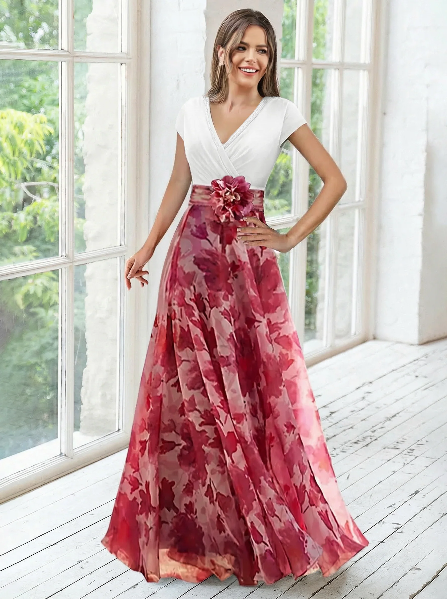 A Line/Princess V-Neck Short Sleeves Mother of the Bride Dresses With Flower & Ruches - Image 12