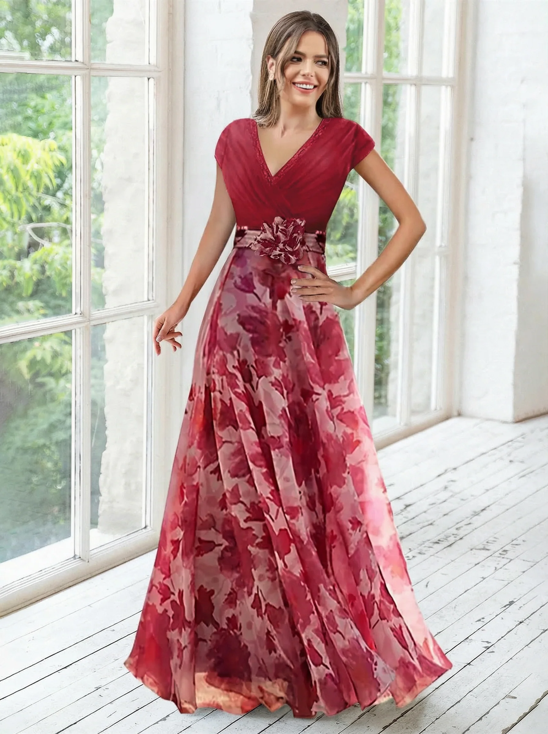 A Line/Princess V-Neck Short Sleeves Mother of the Bride Dresses With Flower & Ruches - Image 13