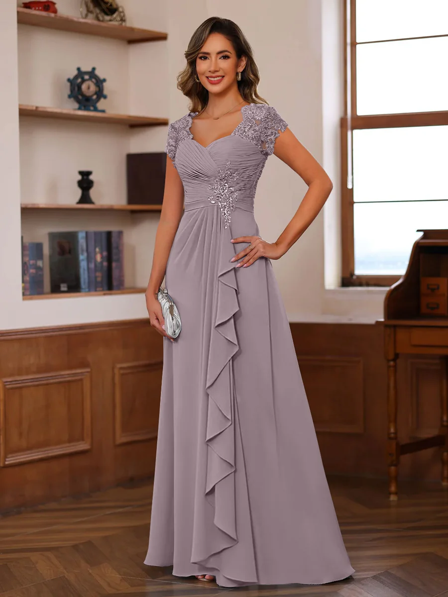 A-Line/Princess V-Neck Short Sleeves Pleated Mother of the Bride & Groom Dresses with Ruffles & Appliques - Image 17