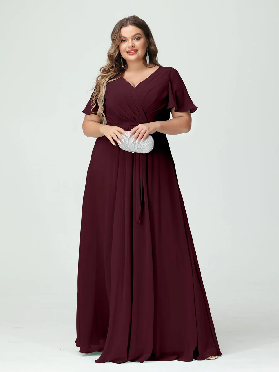 A-Line/Princess V-Neck Short Sleeves Plus Size Bridesmaid Dresses with Pockets Belt & Split Side - Image 13