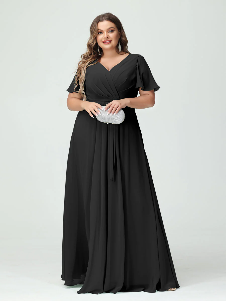 A-Line/Princess V-Neck Short Sleeves Plus Size Bridesmaid Dresses with Pockets Belt & Split Side - Image 19