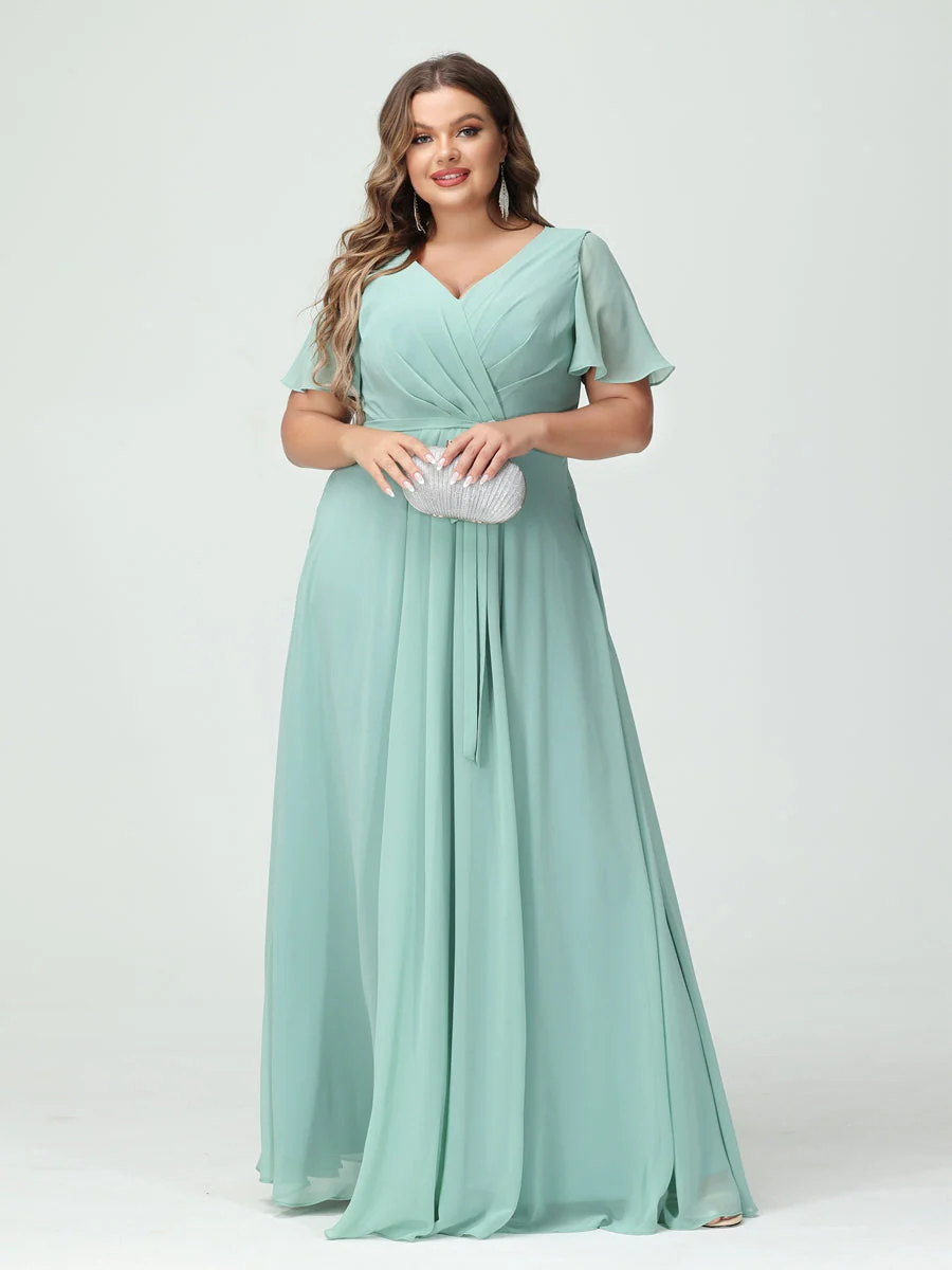 A-Line/Princess V-Neck Short Sleeves Plus Size Bridesmaid Dresses with Pockets Belt & Split Side - Image 2