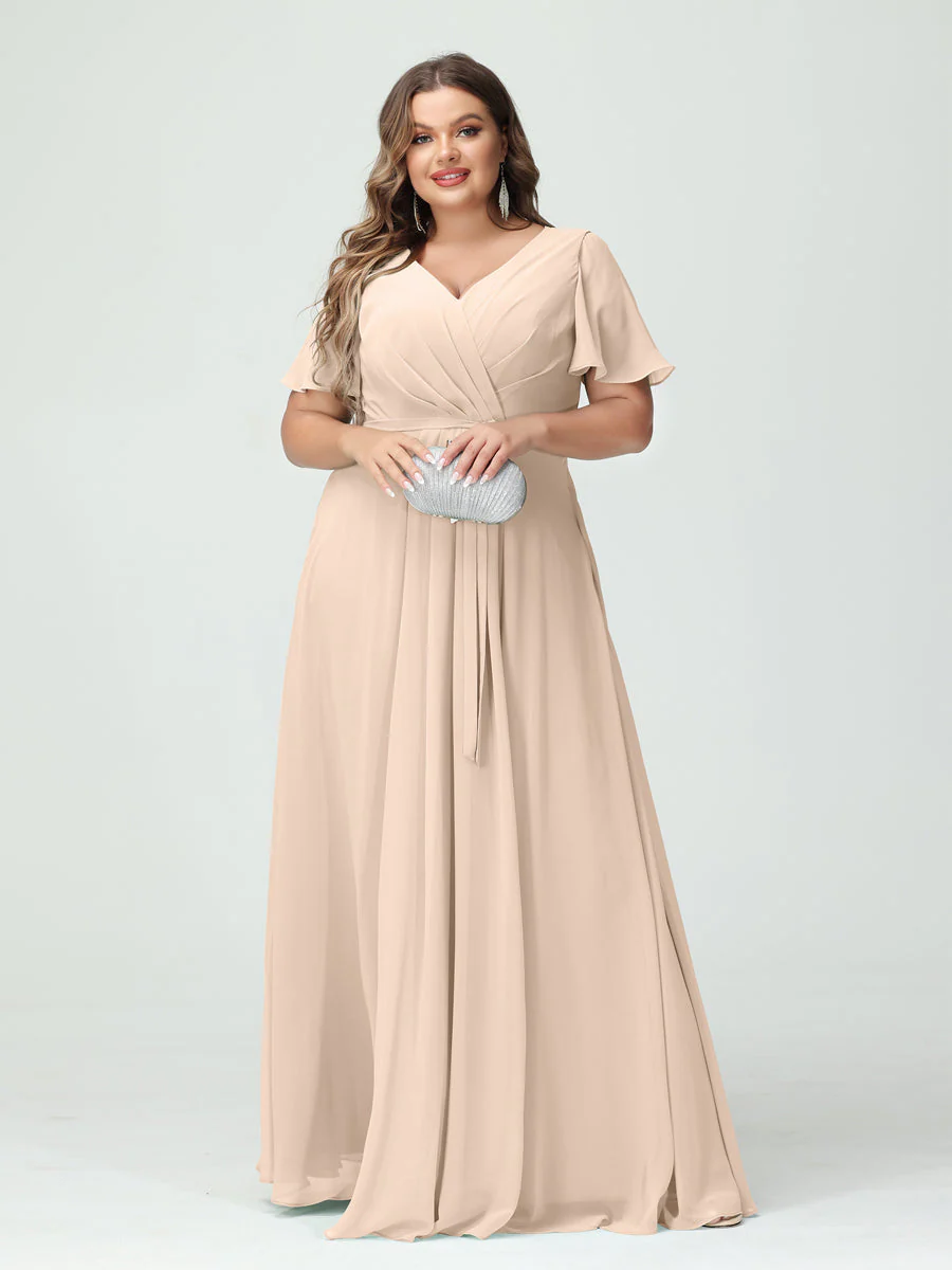 A-Line/Princess V-Neck Short Sleeves Plus Size Bridesmaid Dresses with Pockets Belt & Split Side - Image 24
