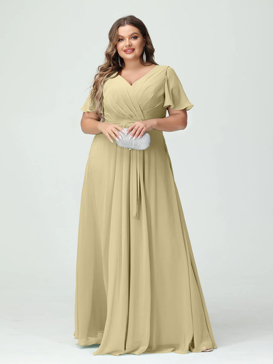 A-Line/Princess V-Neck Short Sleeves Plus Size Bridesmaid Dresses with Pockets Belt & Split Side - Image 25