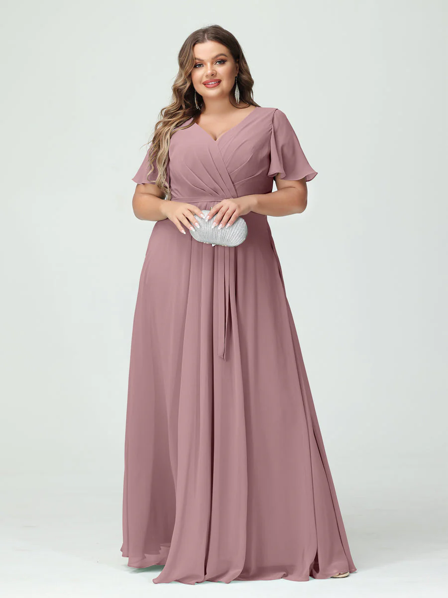 A-Line/Princess V-Neck Short Sleeves Plus Size Bridesmaid Dresses with Pockets Belt & Split Side - Image 32
