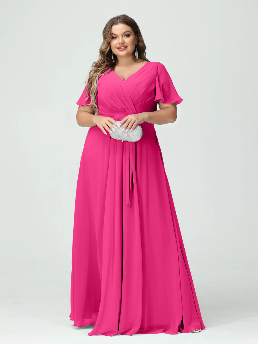 A-Line/Princess V-Neck Short Sleeves Plus Size Bridesmaid Dresses with Pockets Belt & Split Side - Image 34