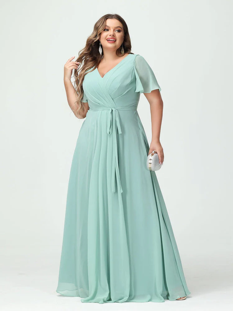 A-Line/Princess V-Neck Short Sleeves Plus Size Bridesmaid Dresses with Pockets Belt & Split Side - Image 4
