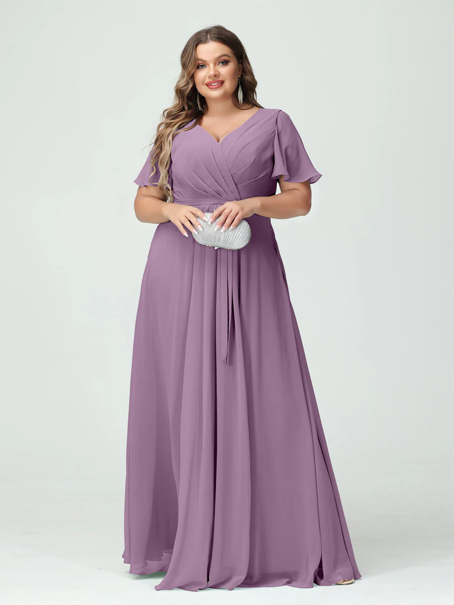 A-Line/Princess V-Neck Short Sleeves Plus Size Bridesmaid Dresses with Pockets Belt & Split Side - Image 41