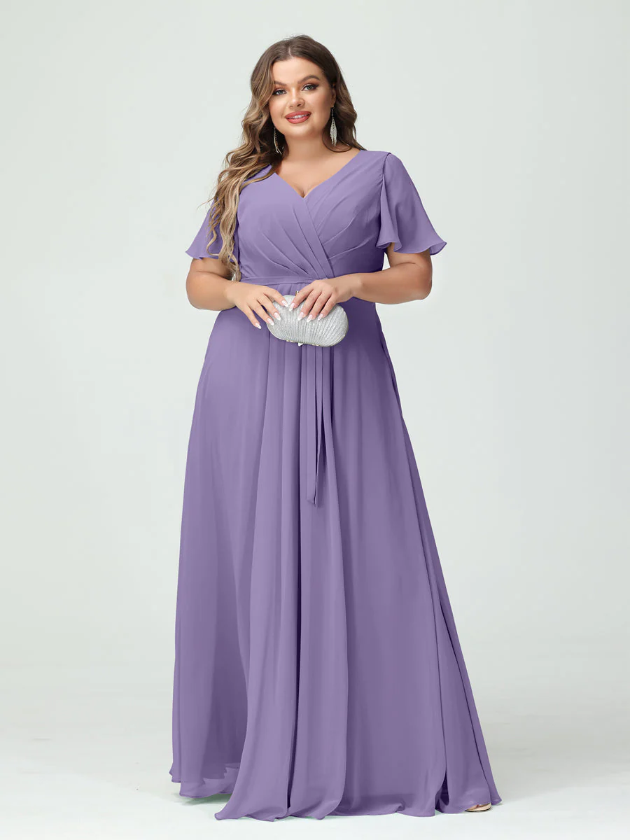 A-Line/Princess V-Neck Short Sleeves Plus Size Bridesmaid Dresses with Pockets Belt & Split Side - Image 42