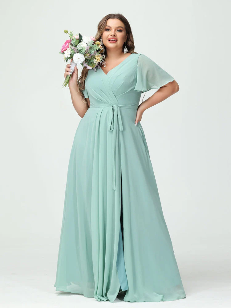A-Line/Princess V-Neck Short Sleeves Plus Size Bridesmaid Dresses with Pockets Belt & Split Side - Image 5
