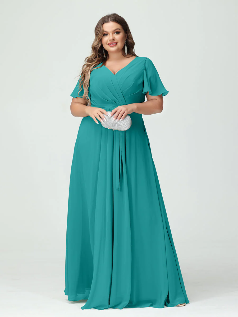 A-Line/Princess V-Neck Short Sleeves Plus Size Bridesmaid Dresses with Pockets Belt & Split Side - Image 53