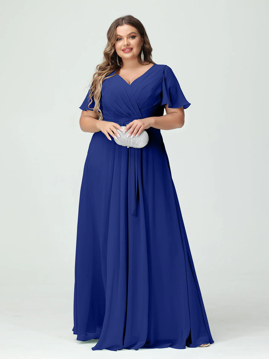 A-Line/Princess V-Neck Short Sleeves Plus Size Bridesmaid Dresses with Pockets Belt & Split Side - Image 57
