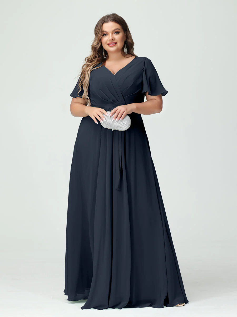 A-Line/Princess V-Neck Short Sleeves Plus Size Bridesmaid Dresses with Pockets Belt & Split Side - Image 60
